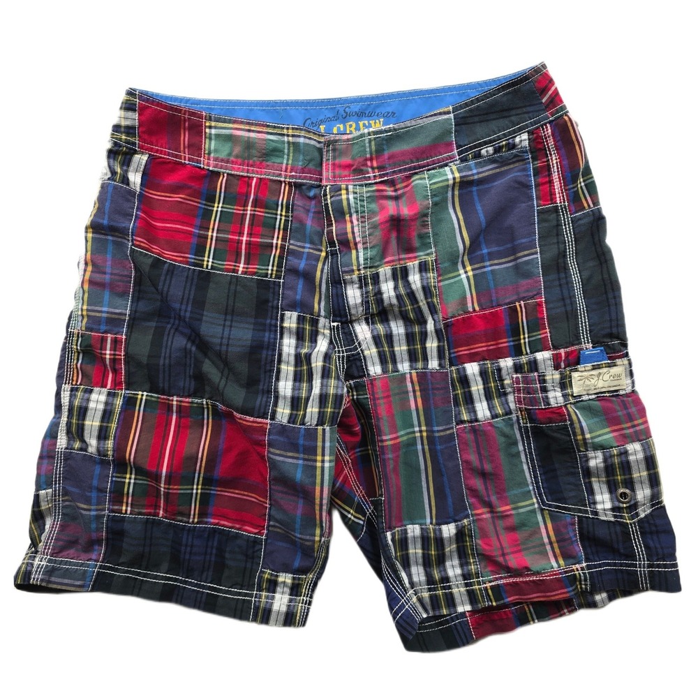 J.Crew Patchwork Board Shorts Mens‎ 32 Multicolor Cotton Nylon Plaid Swim Trunks